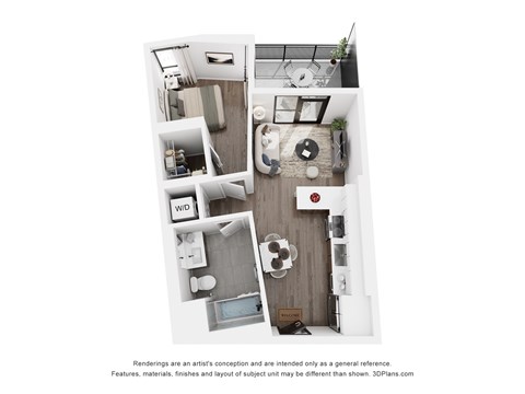 Floor plan for 1 bed, 1 bath, 549 sqft